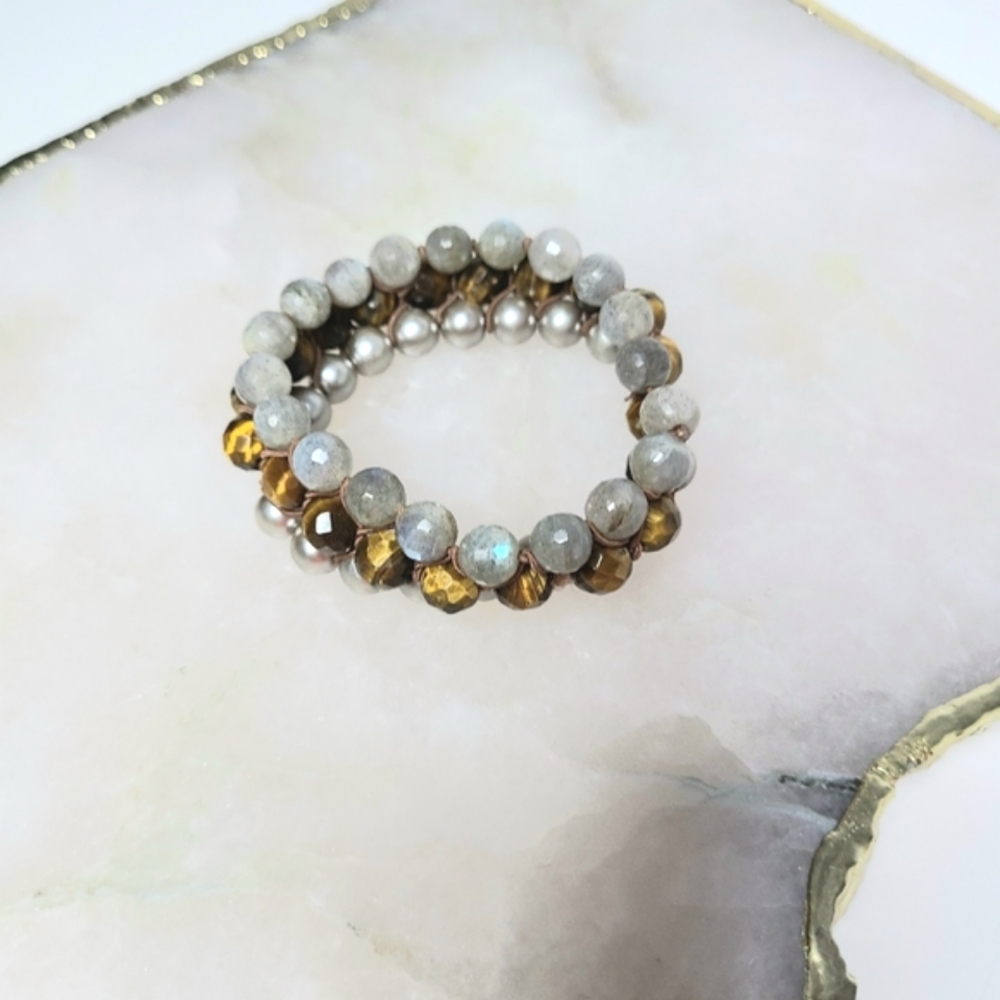 Triple Strand Bead Stretch Faux Pearl Natural Stone Bracelet